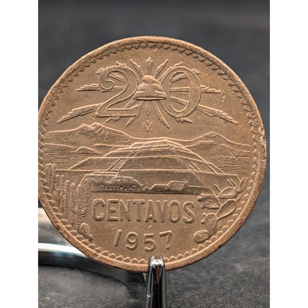 1957 Mexico 20 Centavos • Teotihuacán Pyramid Design • Mid‑Century Collectible